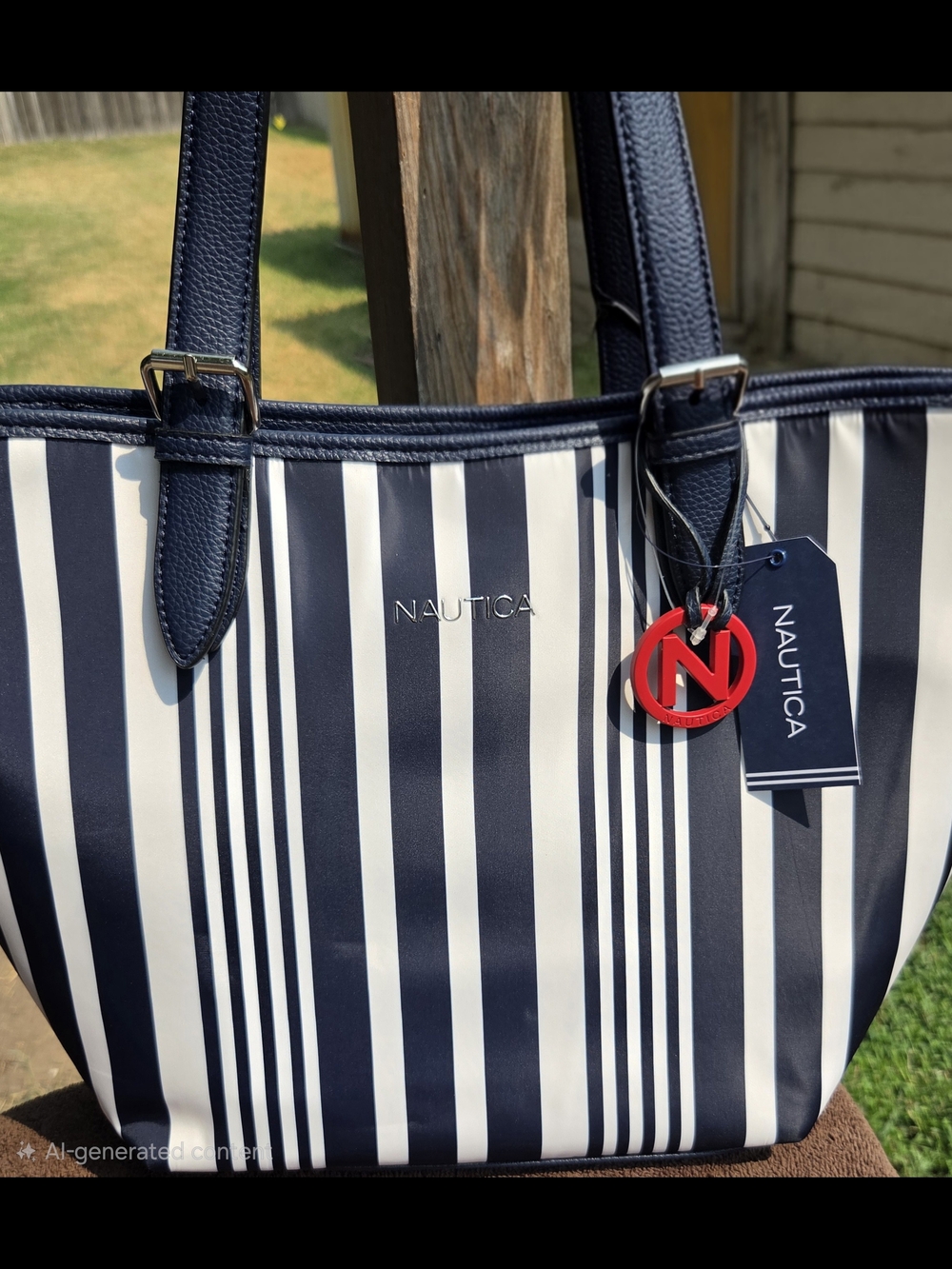 Nautica Navy and White Vertical Stripe Tote with Red Logo Charm